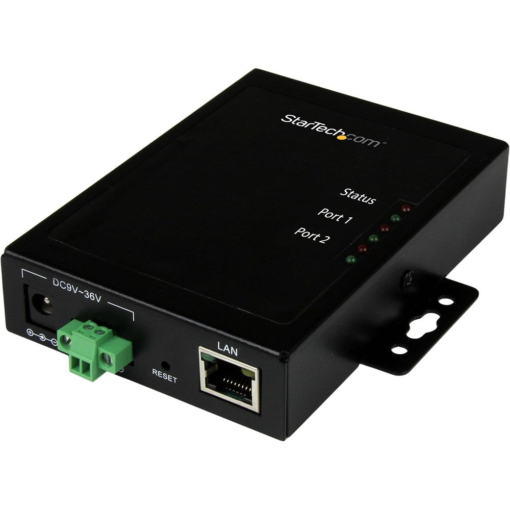 StarTech 2 port serial to IP ethernet device server front view highlighting the rugged metal housing.