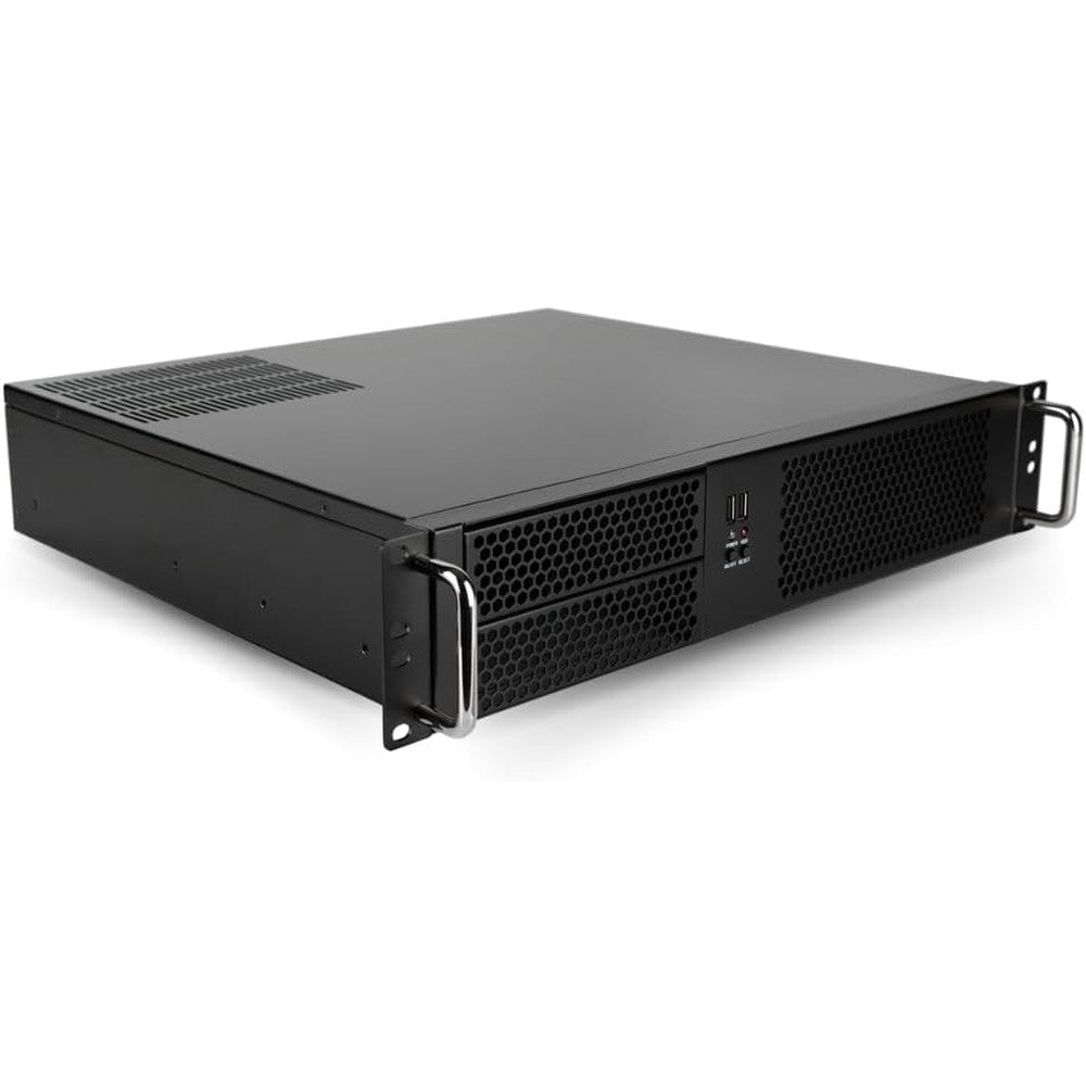 Empowered PC Quiet 2U Rackmount Computer horizontal front view showing ventilation panel and power buttons.