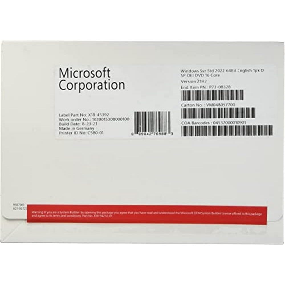 Microsoft Windows Server 2022 Standard base license package front view showing authentic installation media.