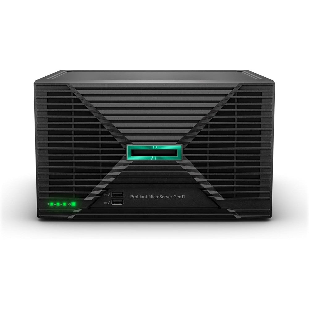 Empowered PC HPE ProLiant MicroServer compact tower server front view showcasing the black textured grid design and connectivity ports.