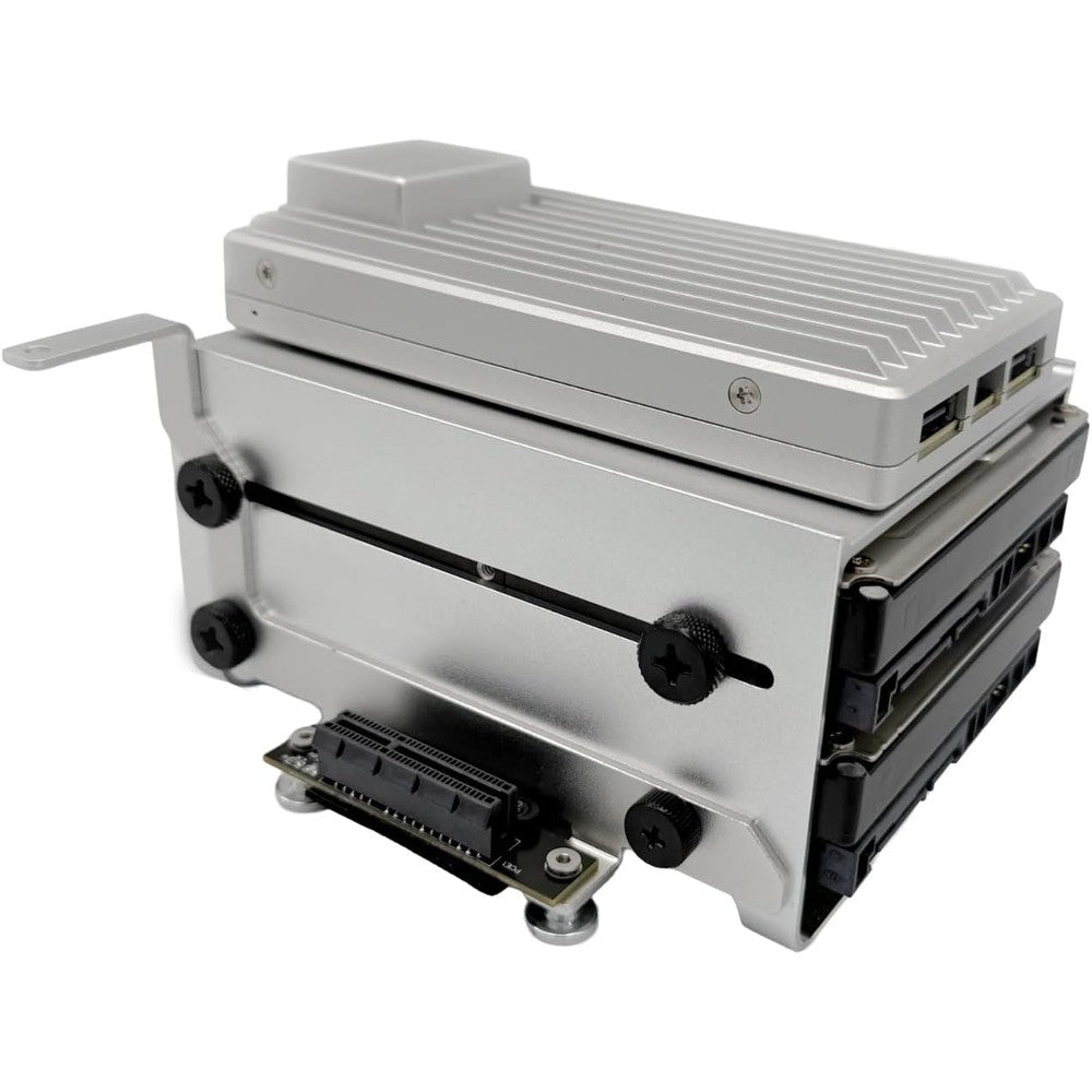 ZimaBoard 2 HDD Expansion Bracket front view showing the dual 3.5 inch aluminum bay drive mount design.