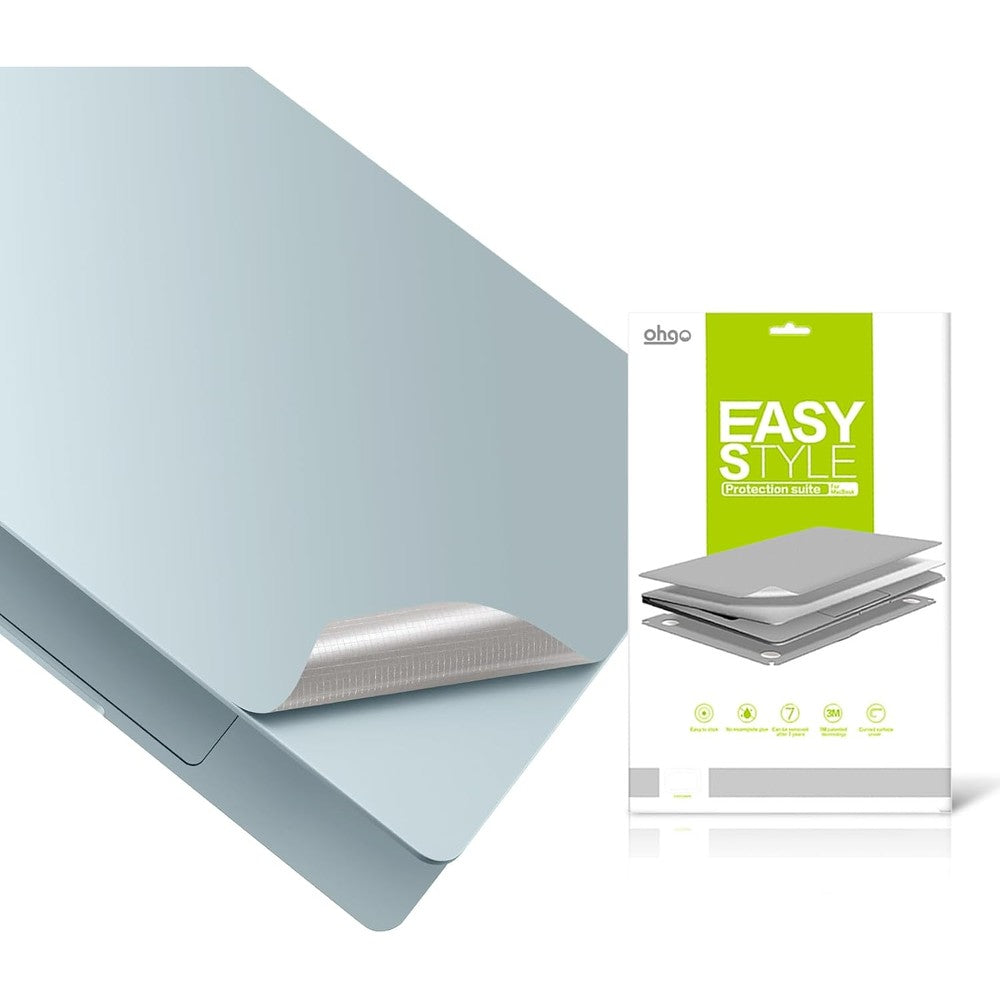 Ohgo 4 in 1 ultra thin 3M vinyl laptop skin cover front view applied on a blue MacBook Air 15 inch laptop.