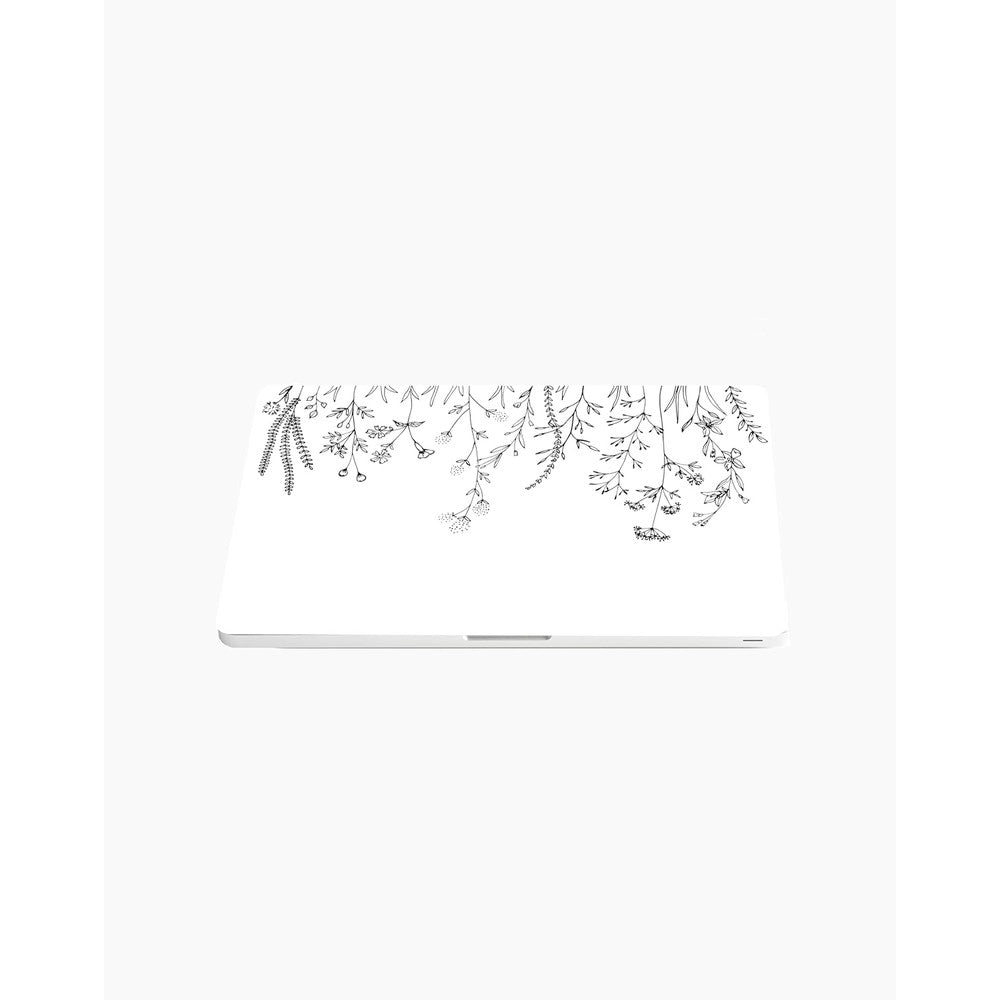 1 SHOT WRAPS laptop skin sticker cover front view featuring a minimalist white wildflower line art design