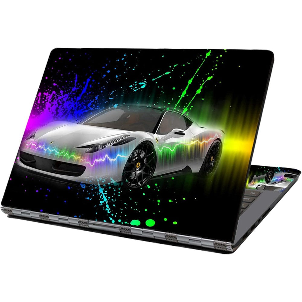 Happylive Shopping Cool Car Universal Laptop Skin front view featuring neon paint splatter supercar graphic design