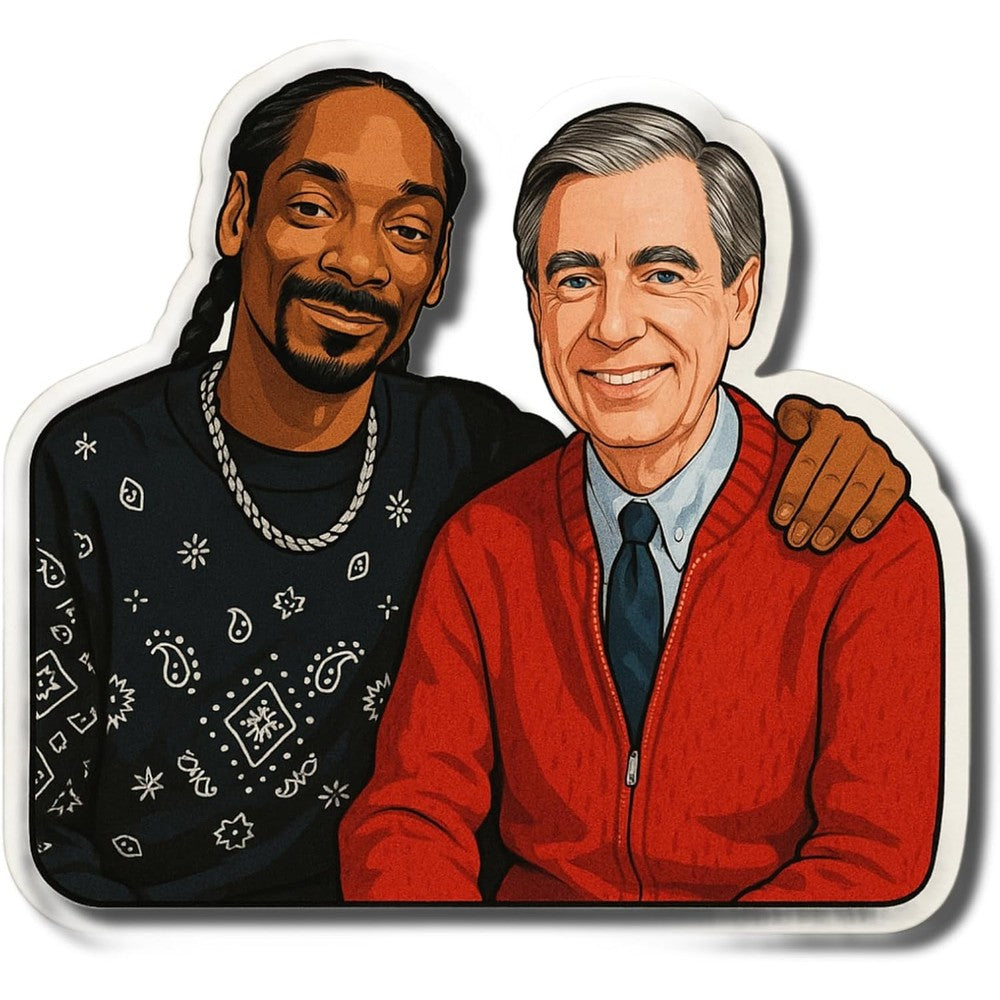 Handmade Mr Rogers and Snoop waterproof sticker front view showing pop-culture crossover design decal