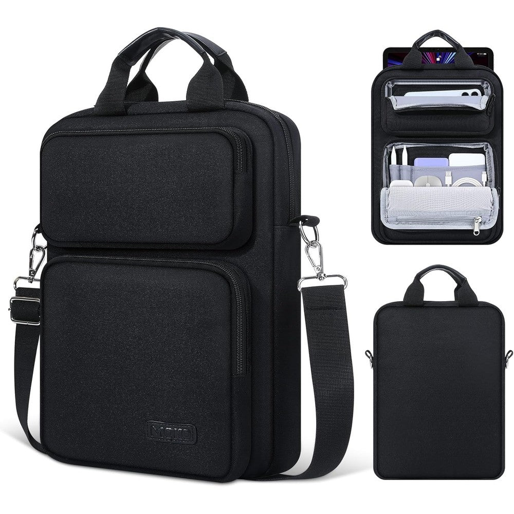 MoKo tablet sleeve bag black front view showing premium water resistant material and zippered compartments.