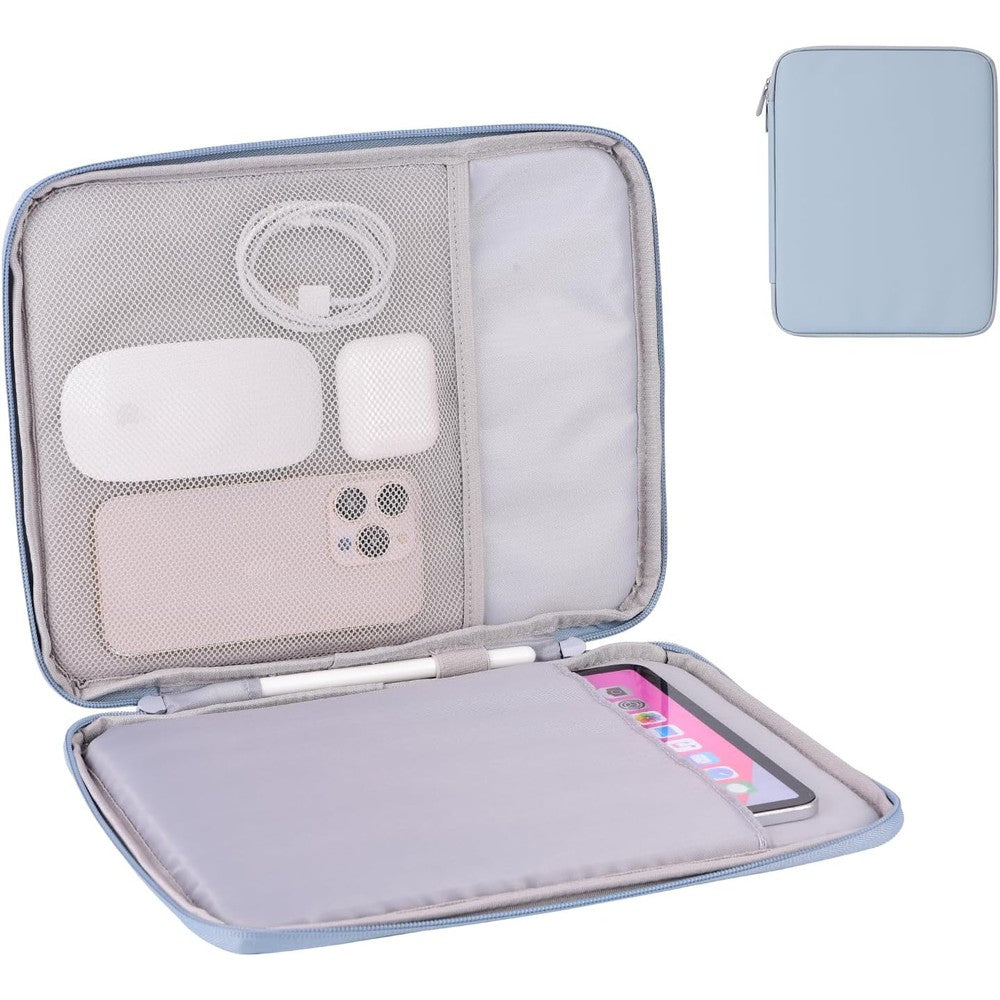 DDgro padded tablet sleeve bag misty blue front view showing sleek water resistant polyurethane exterior