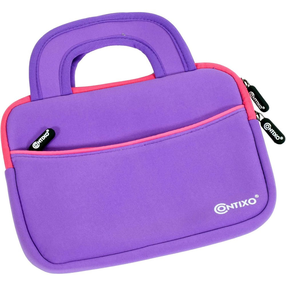 Contixo 10 Inch Protective Tablet Sleeve Bag front view in purple with pink handles