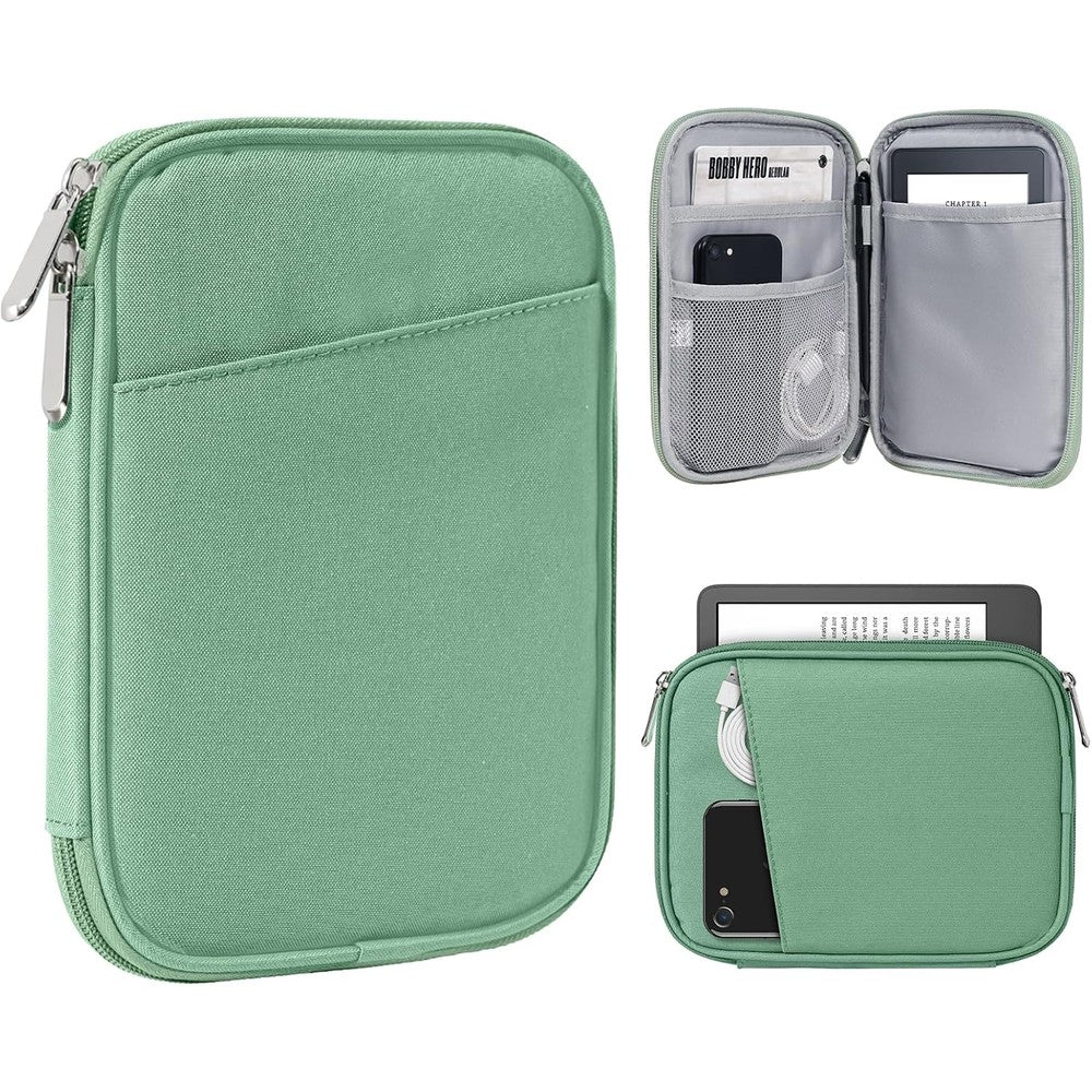 TiMOVO 6 to 7 inch eReader protective sleeve in Bodhi Green front view showing sleek zipper compartment design