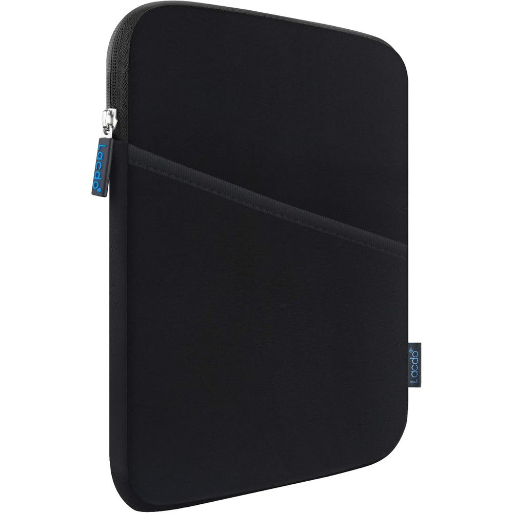 Lacdo shockproof tablet sleeve in black front view showing accessory pocket
