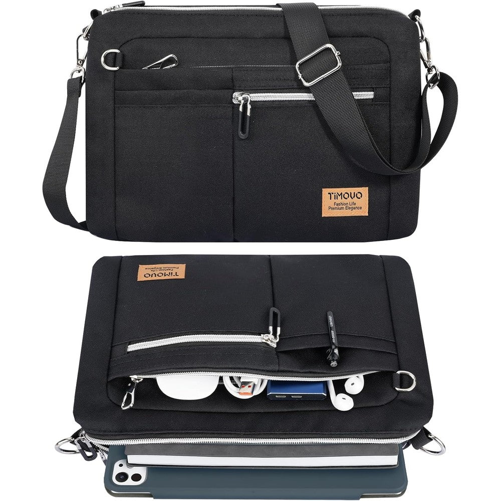 TiMOVO tablet sleeve bag front view showcasing black water resistant fabric and sleek corporate design.