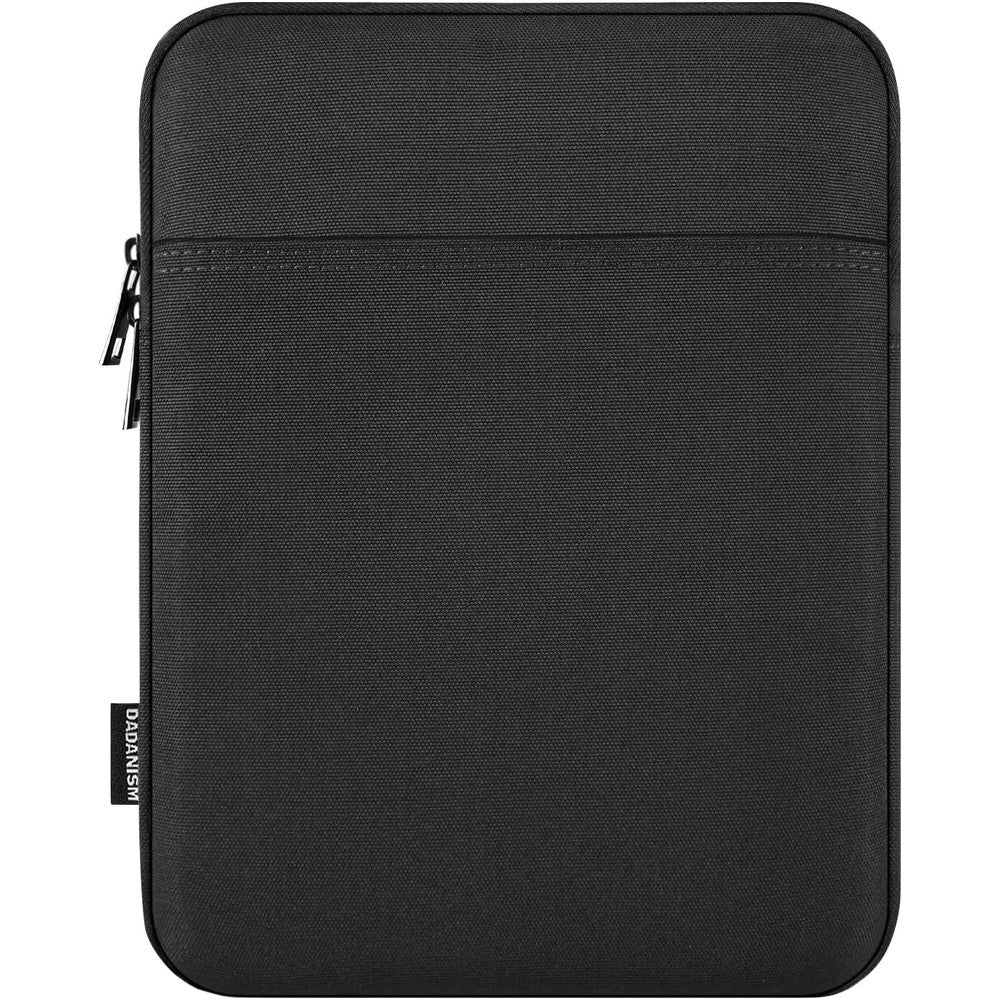 Dadanism 9-11 Inch Tablet Sleeve Bag in black color showing the front view with accessory pocket.