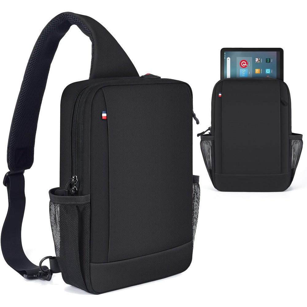 NBOXUMG tablet carrying sleeve shoulder bag in black front view showing premium nylon fabric and zipper track.