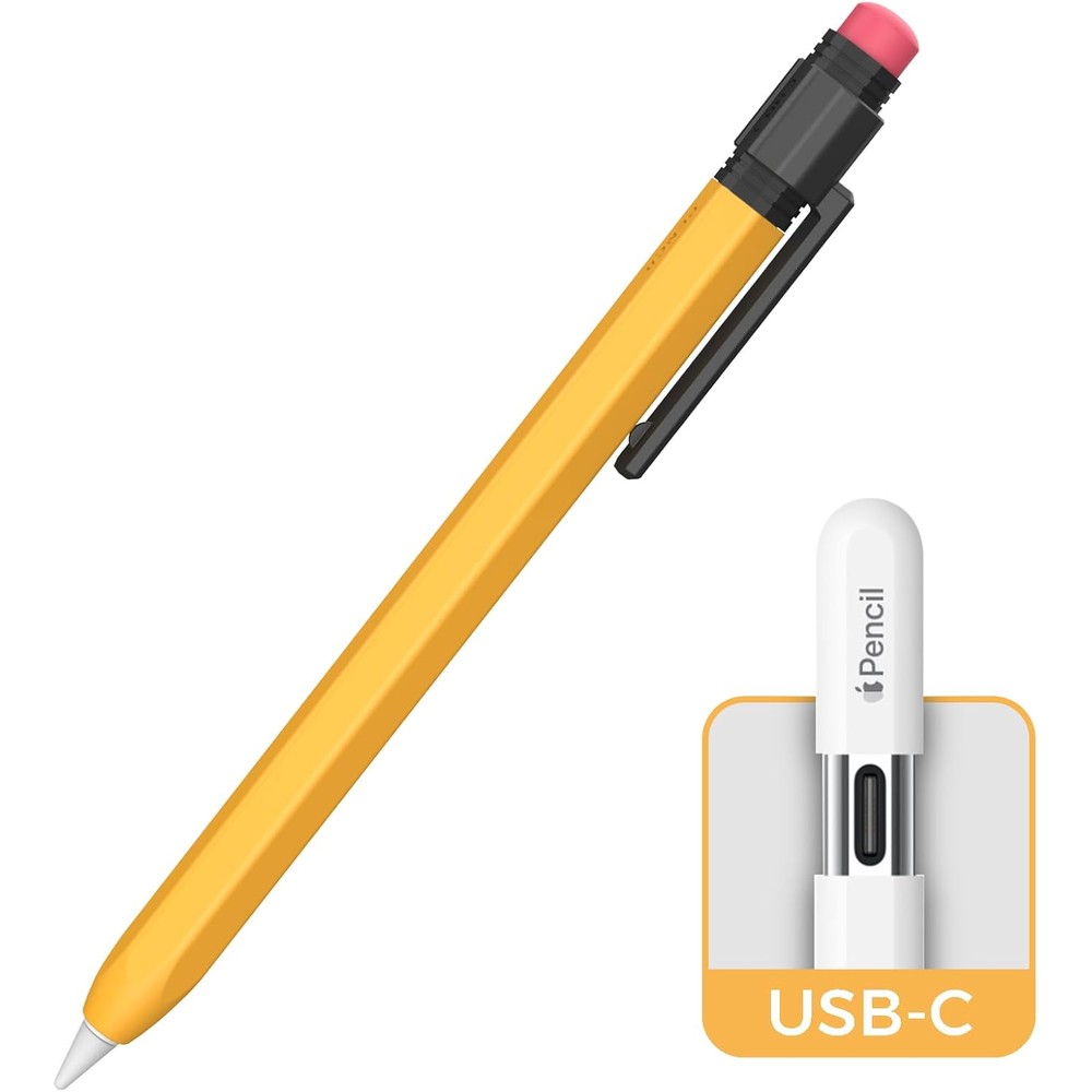 TRONWIN Apple Pencil USB C case in yellow showing front view protective silicone sleeve.
