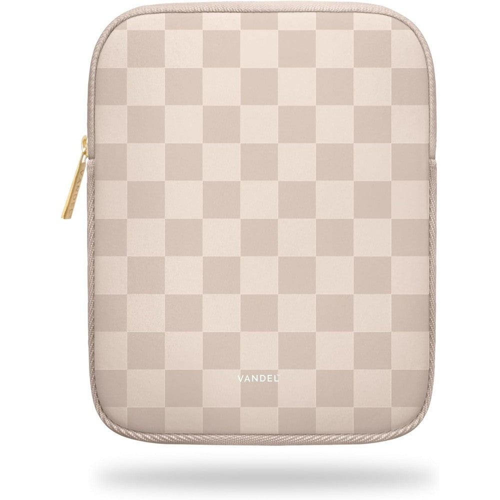 Vandel tablet sleeve front view showing beige neutral checker pattern