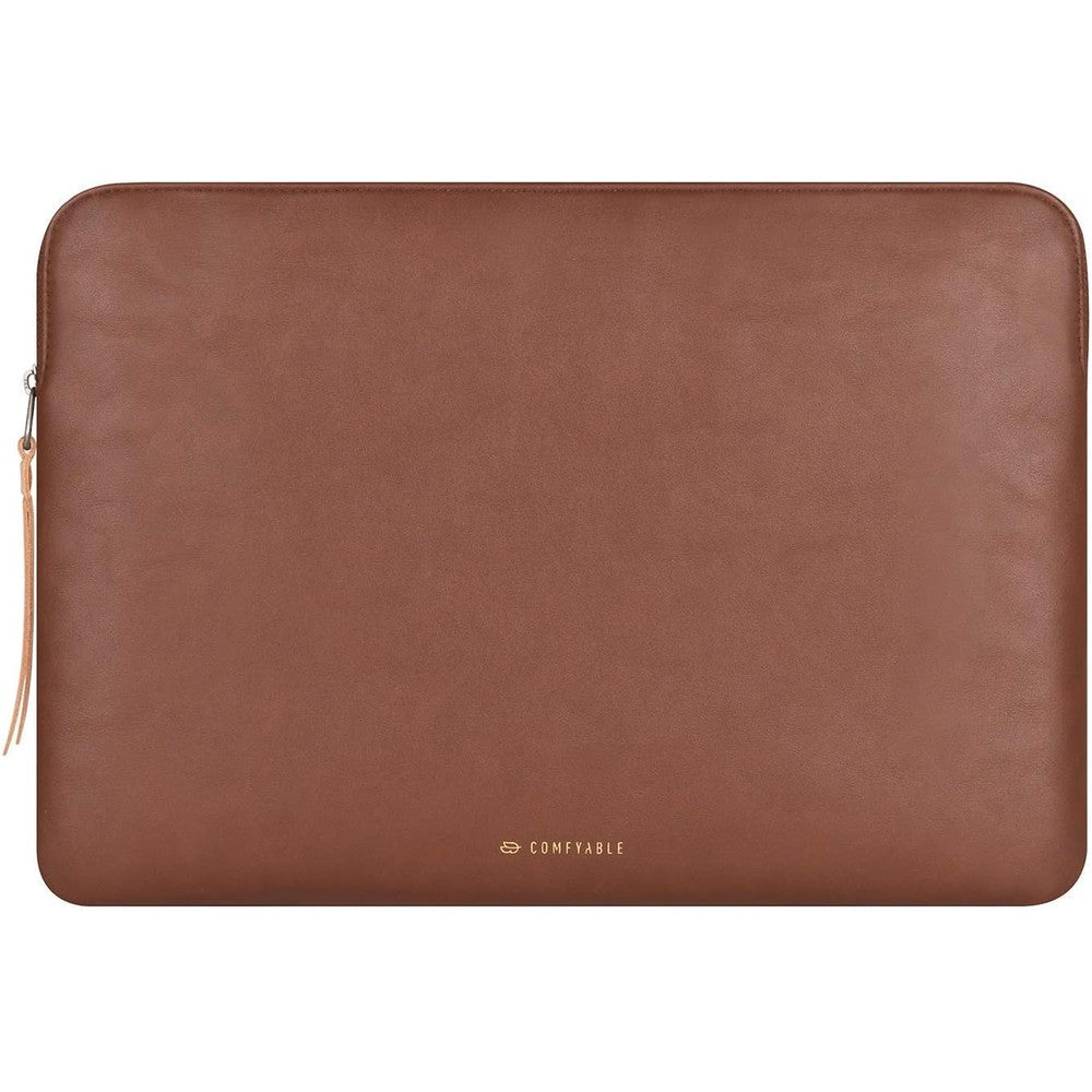 Comfyable tablet sleeve brown front view showing the minimalist polyurethane leather texture