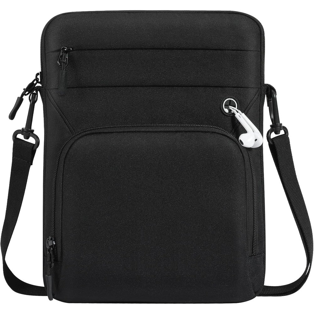 Dadanism tablet sleeve bag front view in black color showcasing the premium splash proof polyester exterior fabric