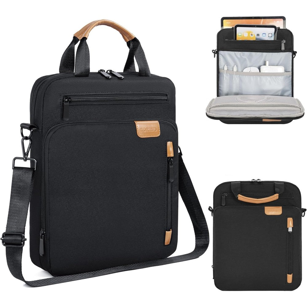TORIBIO padded tablet sleeve bag front view in black color featuring premium brown leather-accented top handle.