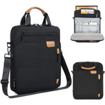 TORIBIO padded tablet sleeve bag front view in black color featuring premium brown leather-accented top handle.