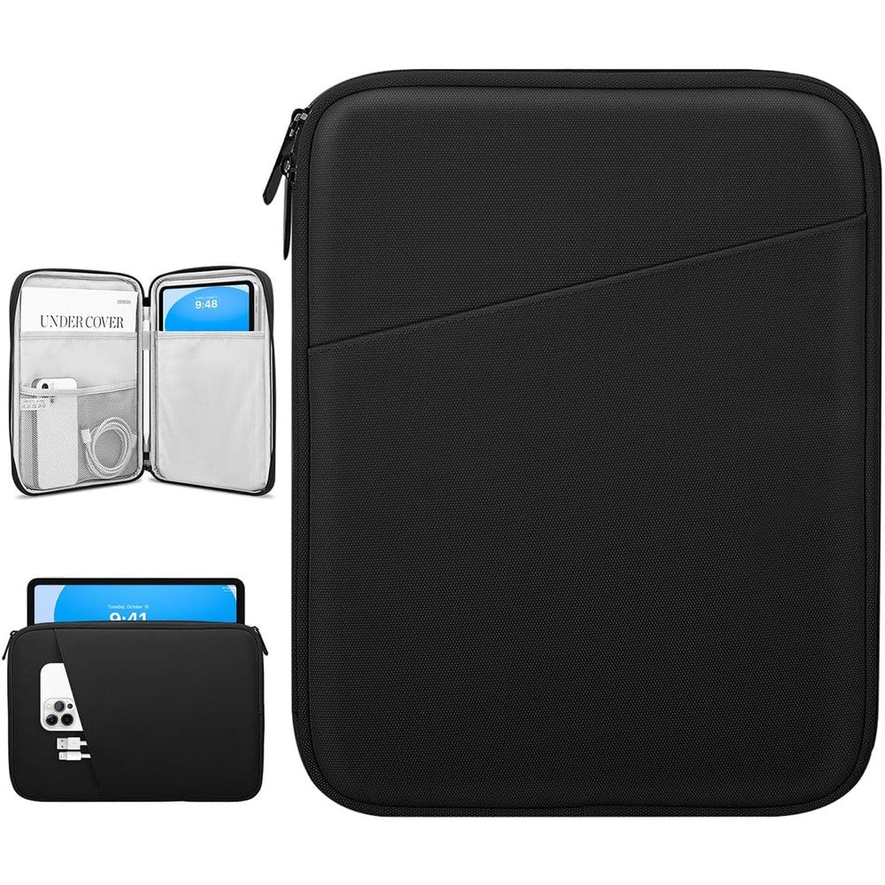 Dadanism tablet sleeve bag front view in black showing water-resistant exterior