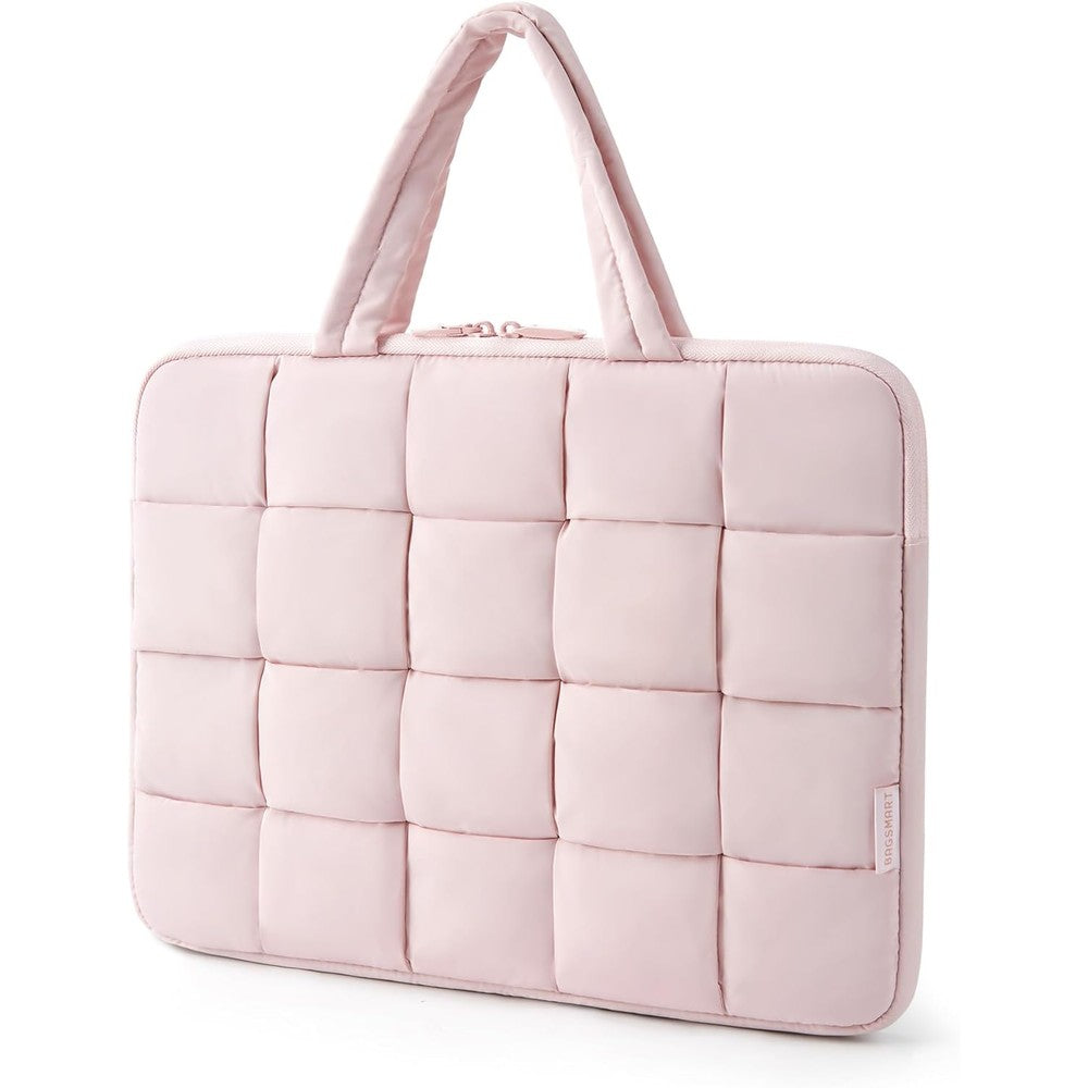 BAGSMART puffy laptop sleeve case front view in pink woven quilted design