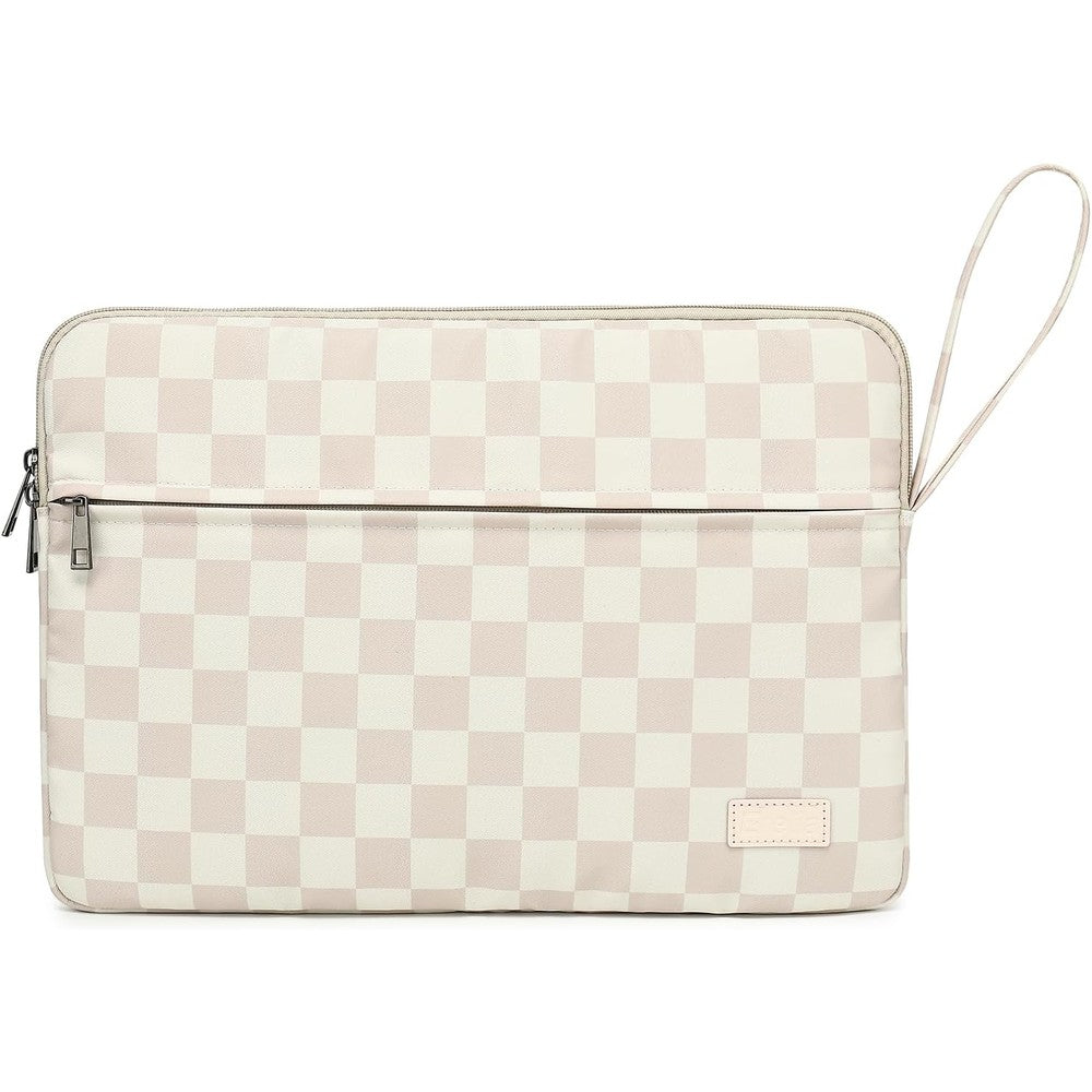 Dachee khaki checkered laptop sleeve 14 inch front view showing the stylish neutral pattern canvas cover.