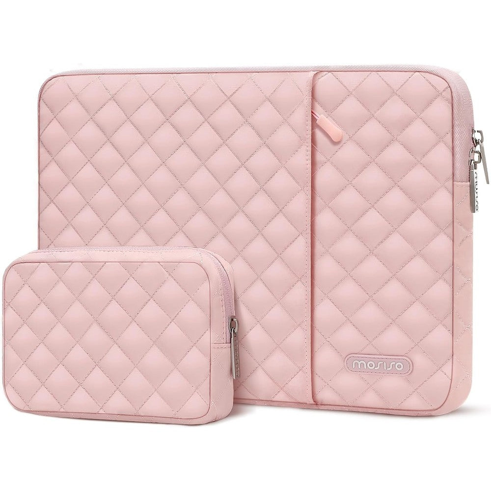 MOSISO vertical laptop sleeve front view in chalk pink color