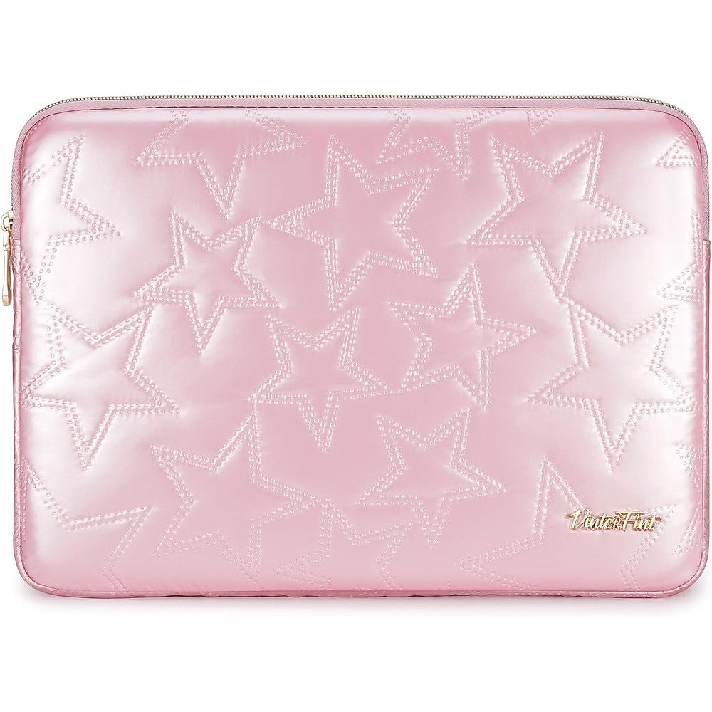 Vinterfint puffer laptop sleeve case pink front view showing quilted star pattern design.