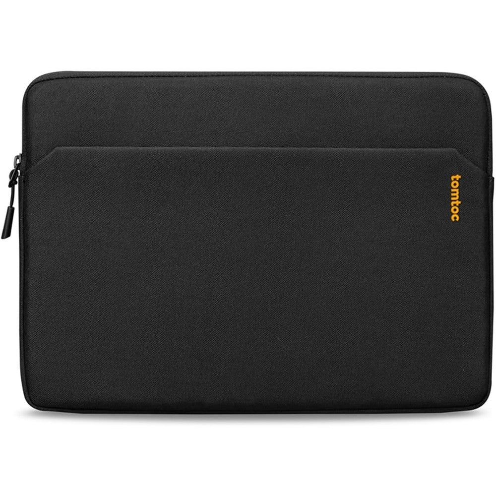 Tomtoc Slim Laptop Sleeve front view showing black water resistant recycled fabric and sleek minimalist design.