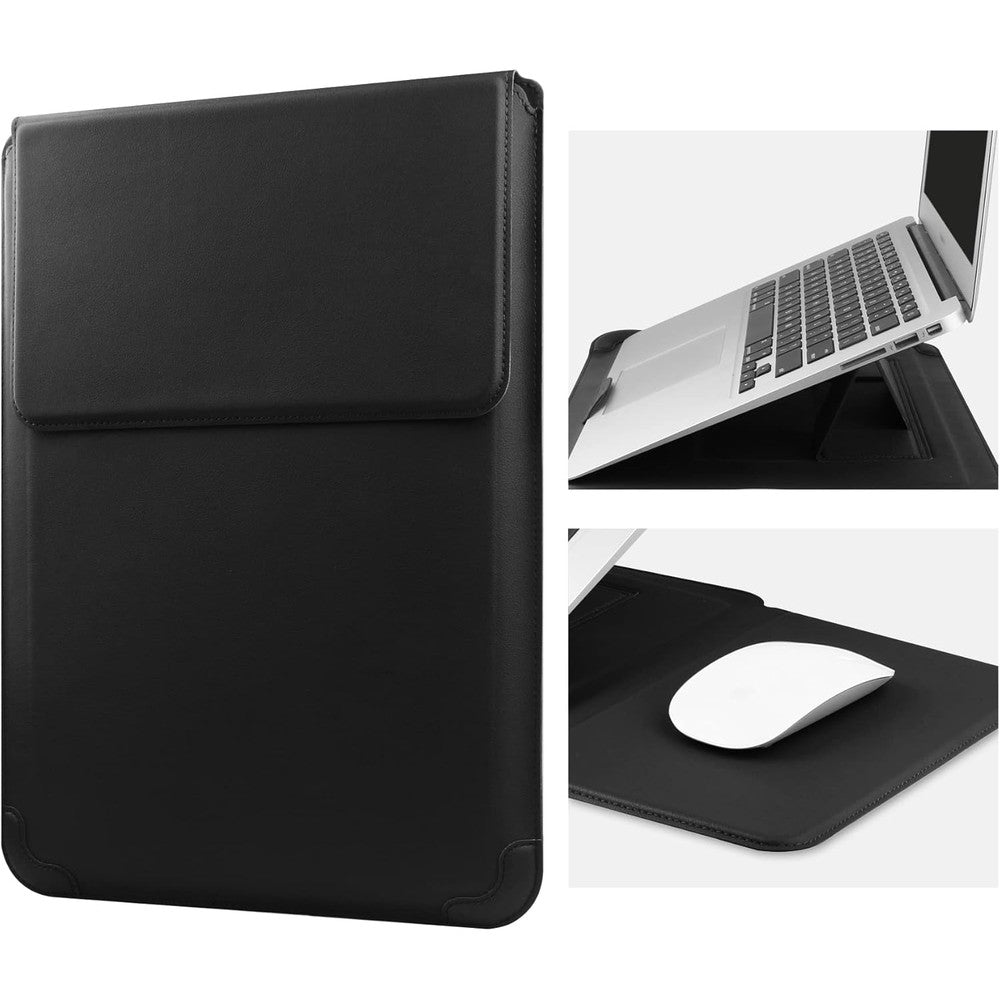 HoYiXi 14 inch laptop sleeve leather bag black front view with closed magnetic flap