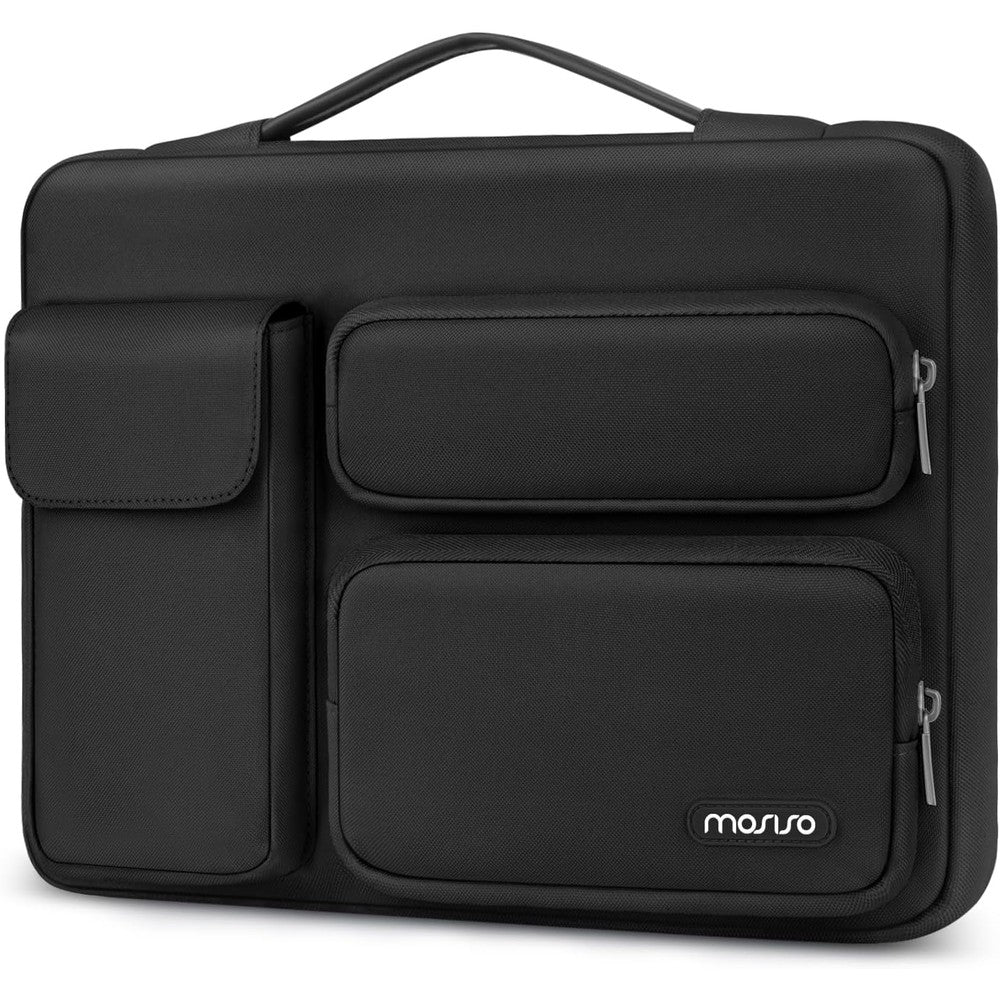 Mosiso 360 protective laptop case black front view showcasing three front organizer pockets.