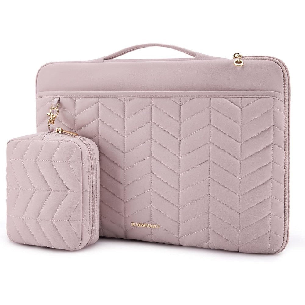 BAGSMART puffy padded laptop sleeve in blush pink front view