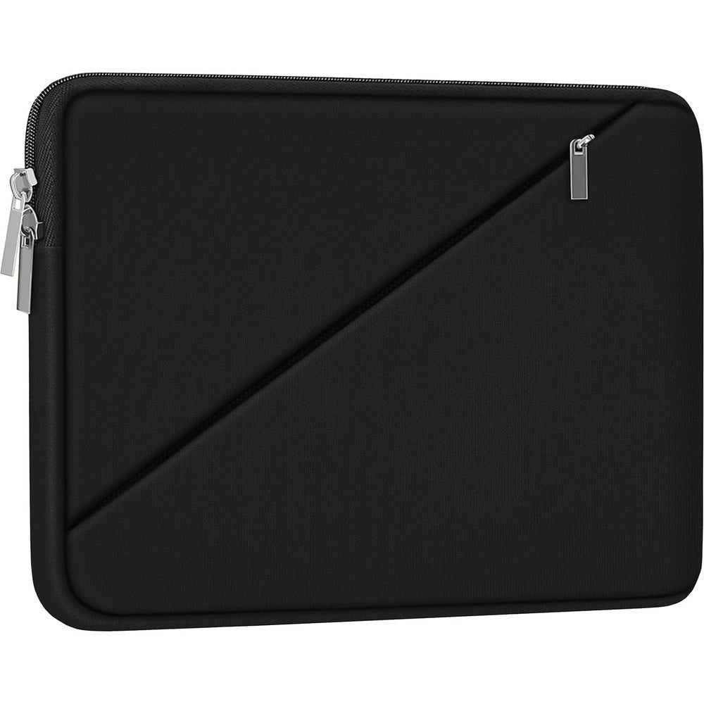 BOOEUDI laptop sleeve case 15.6 inch front view showing sleek black neoprene material and diagonal zippered pocket.
