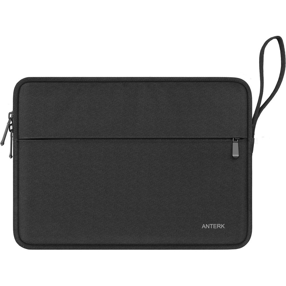 Anterk 14 inch laptop sleeve in matte black showing front view with zipper pocket