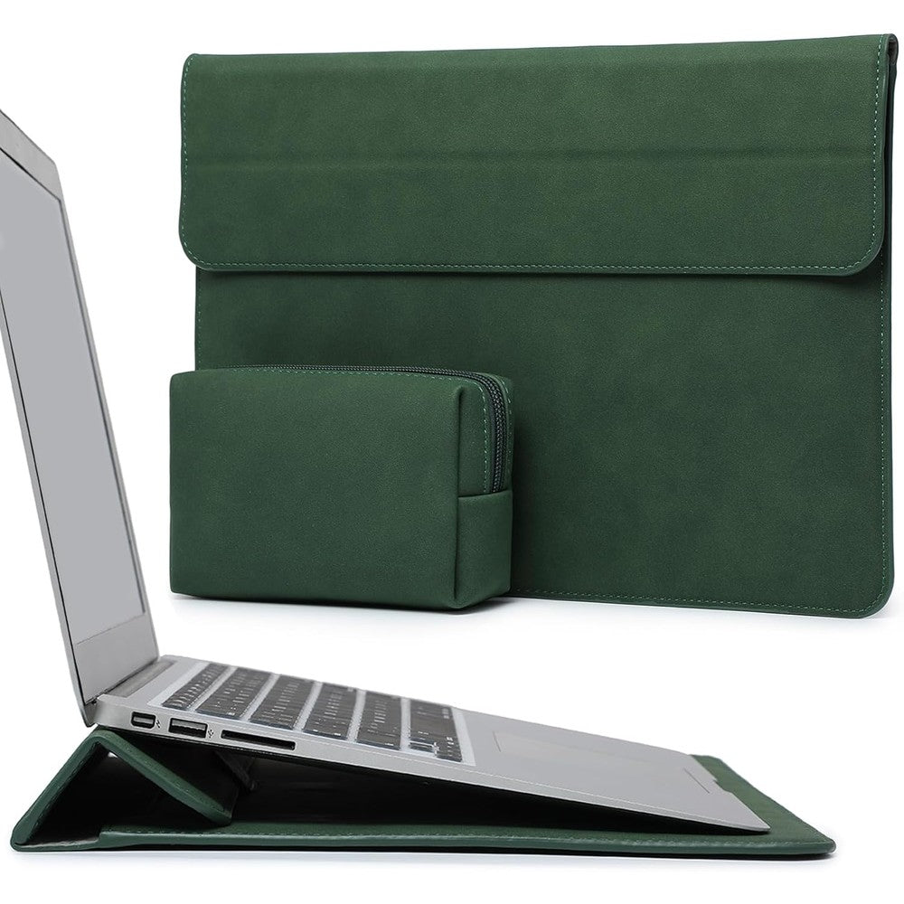 HYZUO midnight green laptop sleeve case front view showing the textured faux suede leather exterior.