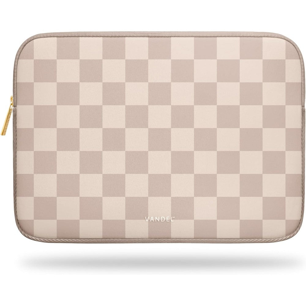 Vandel Slim Laptop Sleeve front view showcasing the signature neutral checkerboard pattern and secure gold zipper layout.