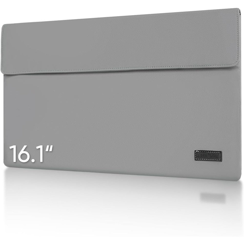 ARZOPA 16.1 Inch Portable Monitor Sleeve Bag in grey front view showcasing premium polyurethane leather texture.