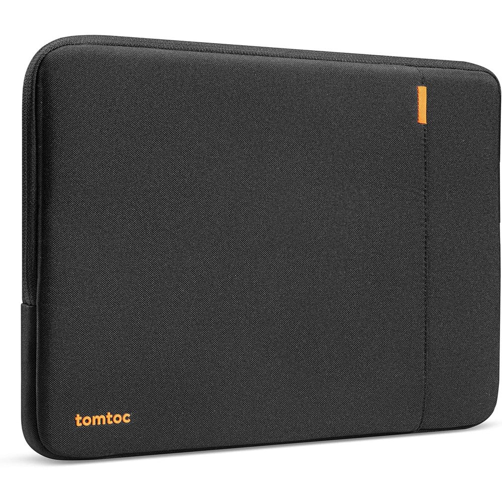 Tomtoc 360 protective laptop sleeve 14 inch front view showing sleek black exterior and accessory pocket.