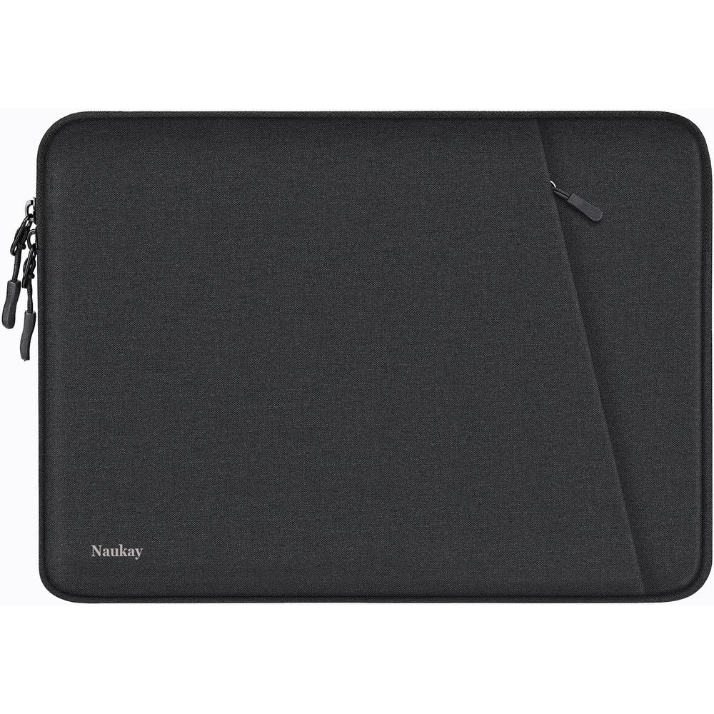 Naukay laptop sleeve case front view showing black water resistant fabric and zipped pocket