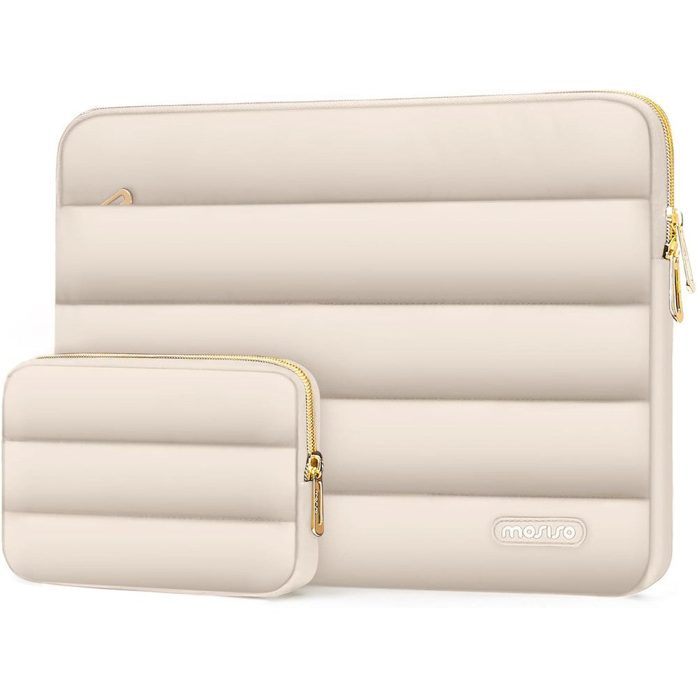 MOSISO Puffy Laptop Sleeve in Sand color front view showcasing quilted design