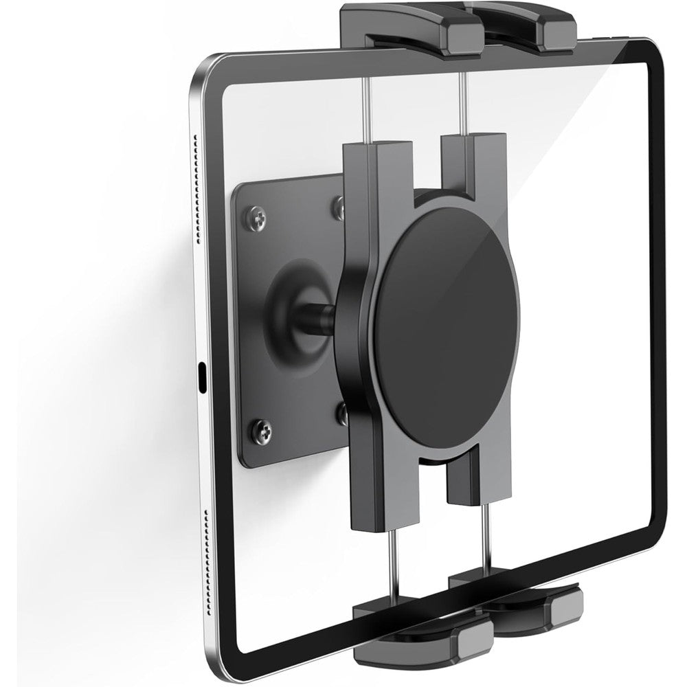 TeQable tablet wall mount front view holding an iPad in a kitchen setting.