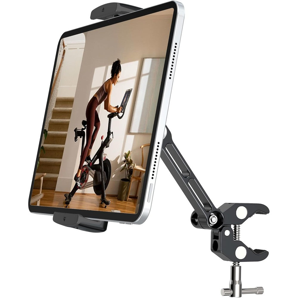 CreaDream Aluminium Tablet Mount Clamp front view attached to a stationary bicycle handlebar