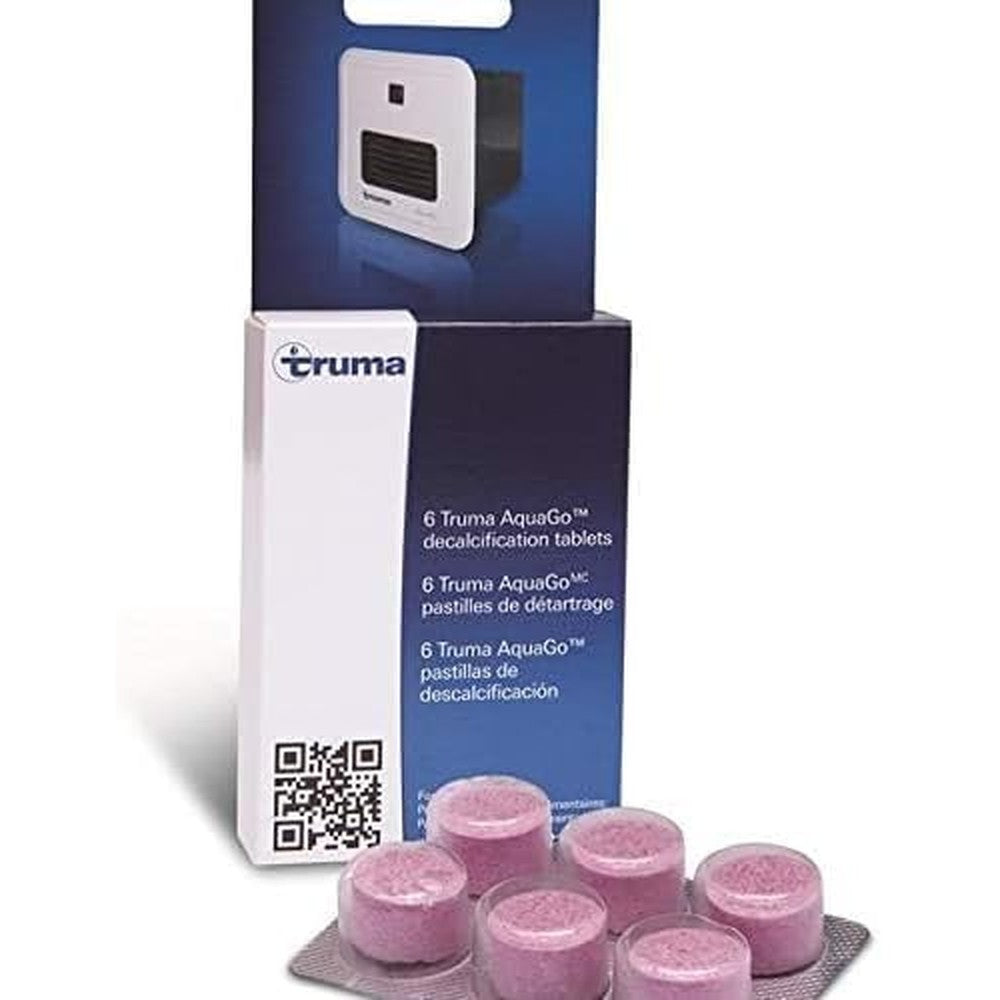Truma AquaGo Decalcification Tablets 6 Count front packaging view for premium RV water heater maintenance.