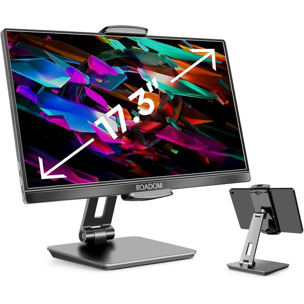 ROADOM tablet stand premium aluminum desk mount front view holding a portable monitor.