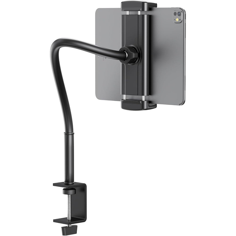 TeQable gooseneck tablet stand front view showing flexible metal arm clamped onto a dark wood office desk holding an iPad pro screen.