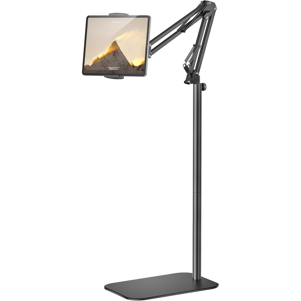 SteelStorm tablet floor stand front view showing the premium black metal structure and weighted base.