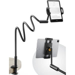 SAIJI Gooseneck Tablet Holder front view clamped to a wooden bed headboard holding an iPad device.