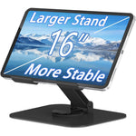 TAPMEI metal tablet stand front view showing the 360 degree rotating desk holder base