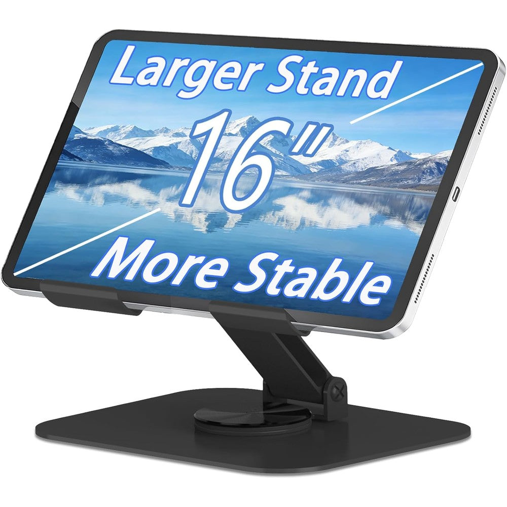 TAPMEI metal tablet stand front view showing the 360 degree rotating desk holder base
