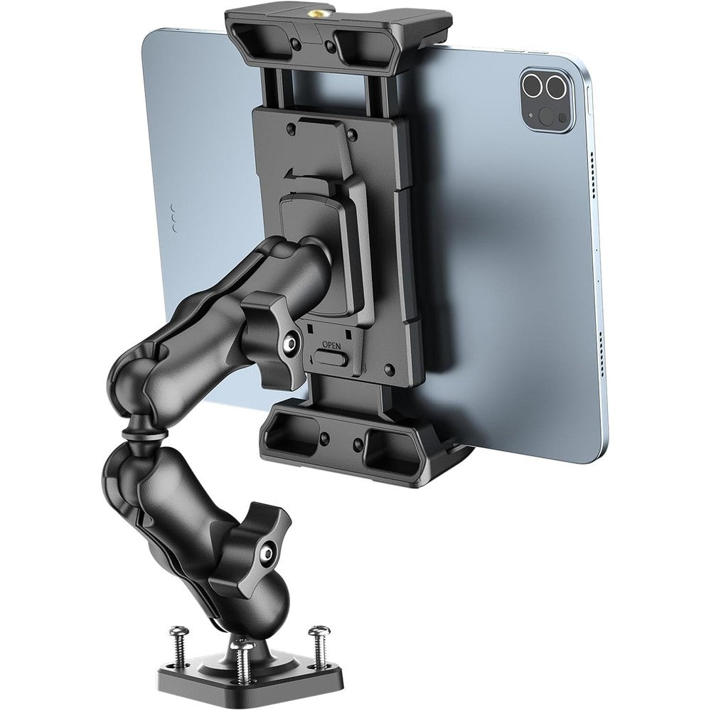 OHLPRO heavy duty drill base truck tablet mount front view holding a large tablet on a dashboard.
